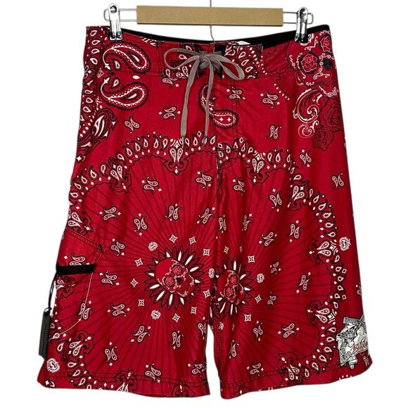 Billabong Board Shorts Mens 32 Red Swim Trunks Y2K Bandana Paisley Skulls Pistol - Picture 1 of 11